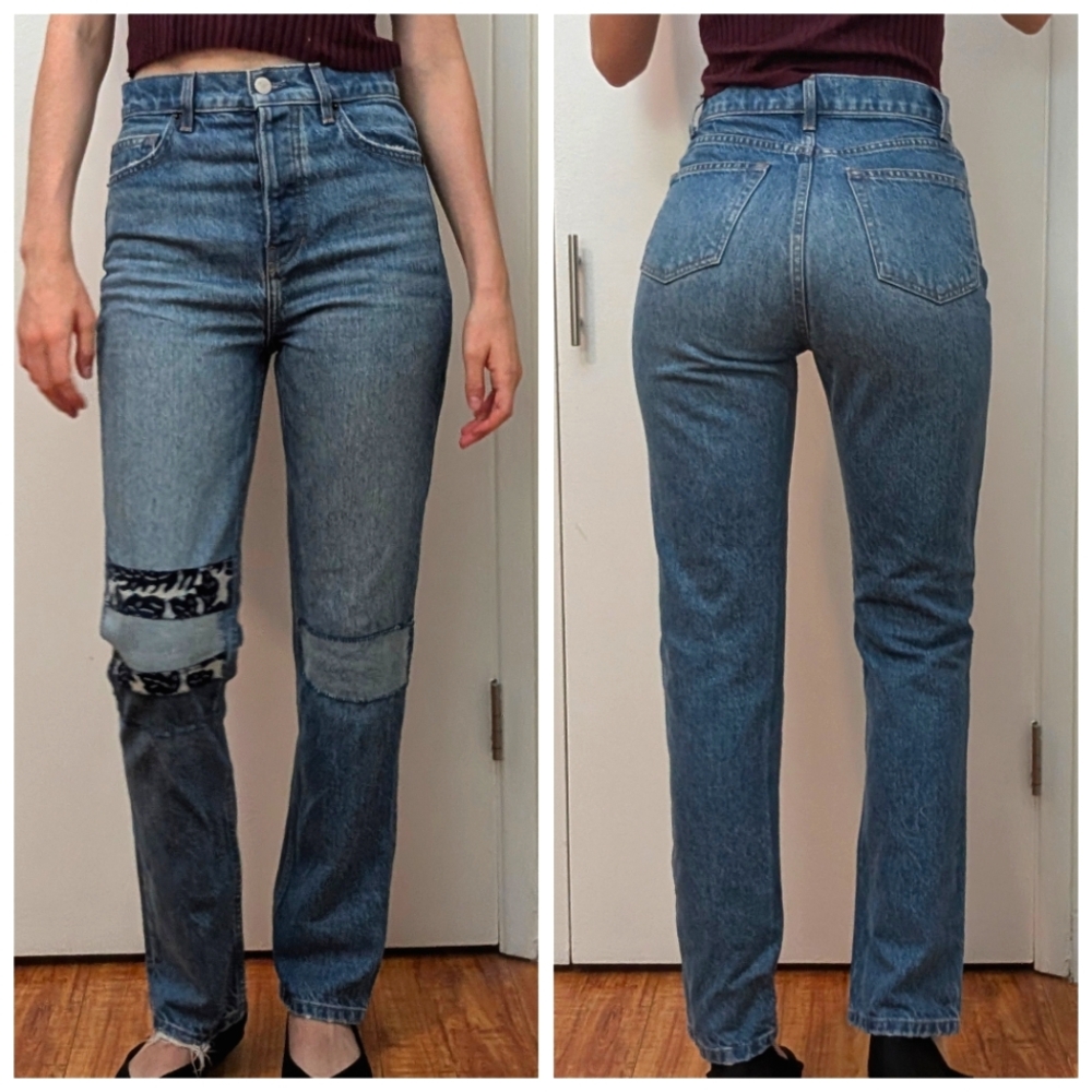 Reformation Cynthia high rise jeans 25, Hand Patched, One Of A Kind!